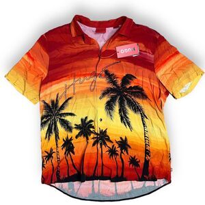 HUGO BOSS Shirt Mens XXL Red Button Up Hawaiian Palm Tree Resortwear Tropical